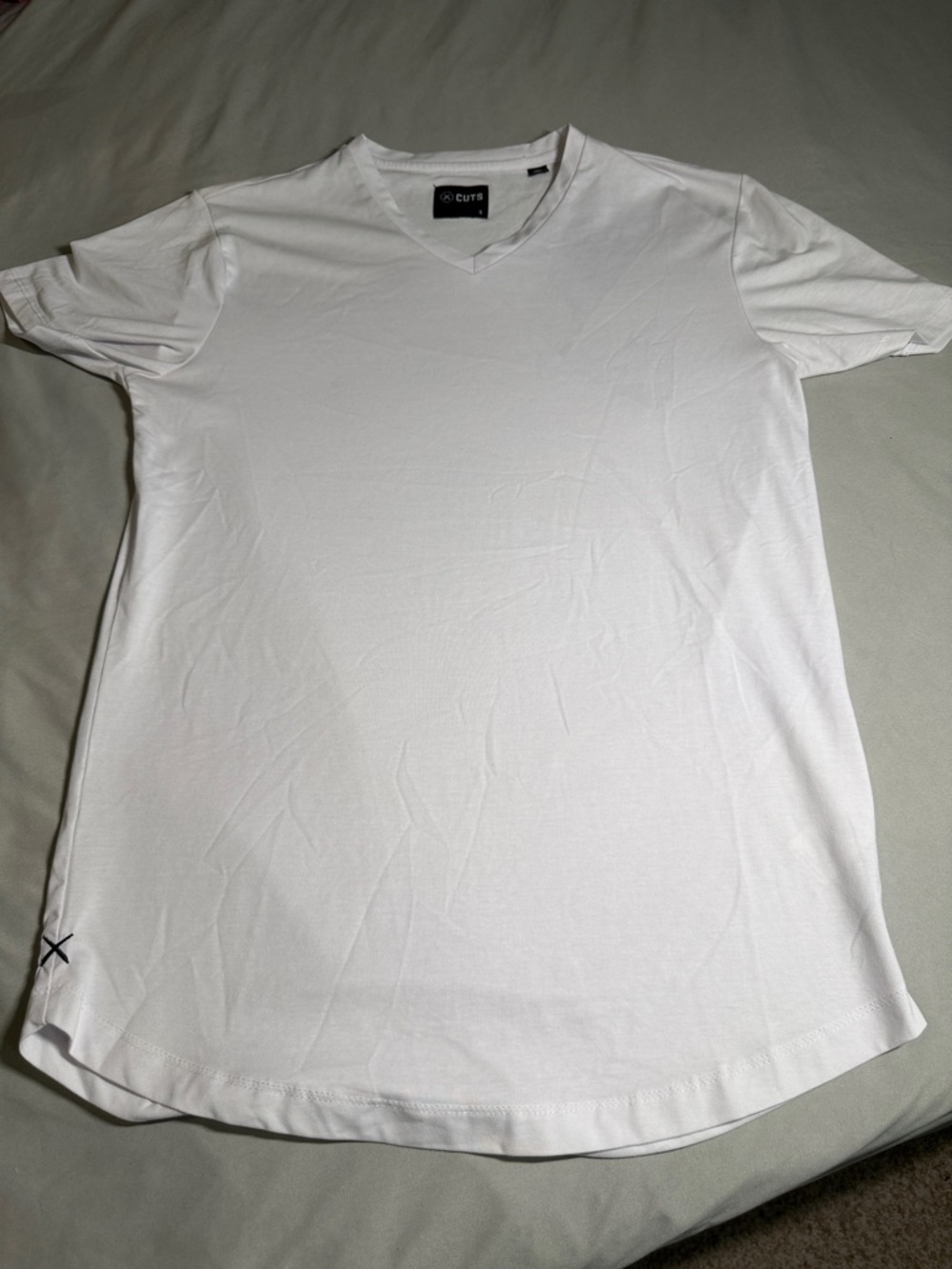 Men’s White V-Neck Curve Hem Tee